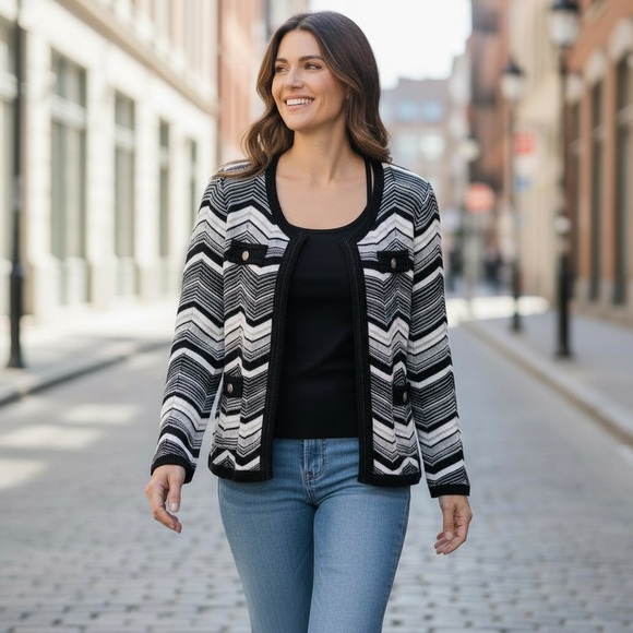 White House Black Market Sweaters - White House Black Market Chevron Cardigan in Black, White and Tan